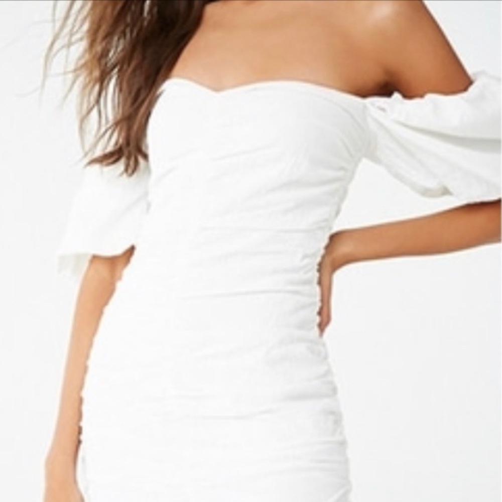Ruched Puff Sleeve White Dress